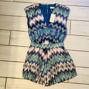 Ramy Brook Goldie Chevron Romper Shorts Pleated Sleeveless Elastic Waist VNeck S